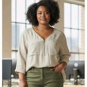 Company Ellen Tracy 100% Linen Tunic Plus 2XL Khaki Gold Career Travel Office